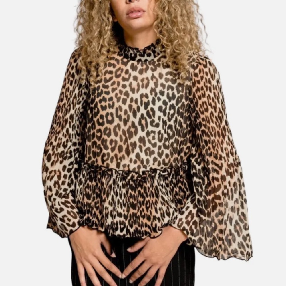 Ganni Leopard Print Georgette Top